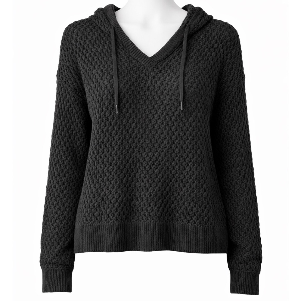 GAP Black Open Knit V‑Neck Hooded Sweater
